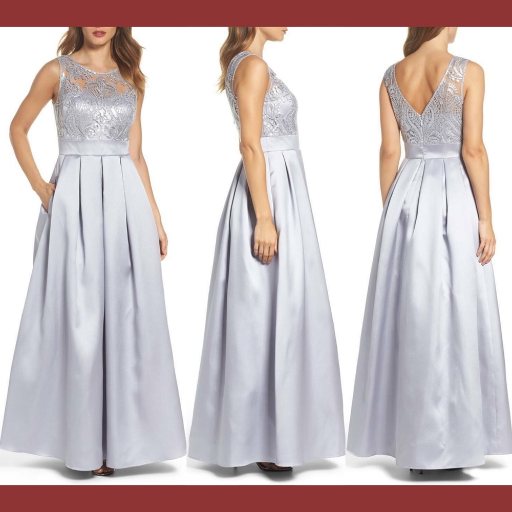 NWT Eliza J Sequin Embellished Illusion Neck Gown In Silver [SZ‎ 8 ]